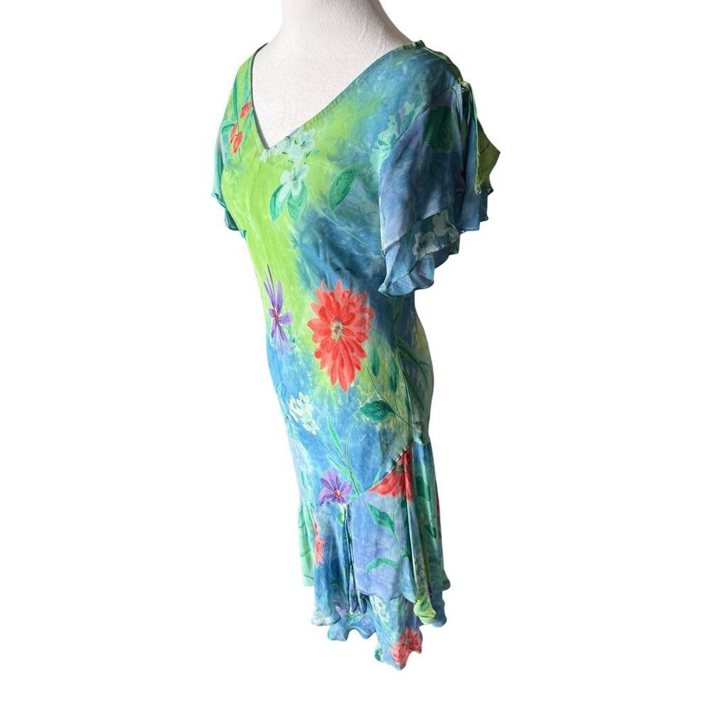 Vtg Silk Floral Dress Mermaid Asymmetrical Flutter Bias Cut Tropical Hawaiian - Picture 5 of 13